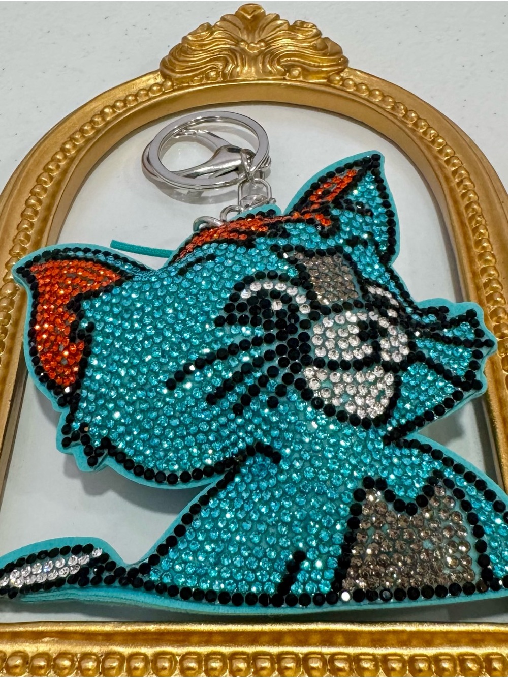 New Turquoise Crystal Cat Keychain with Orange Accents